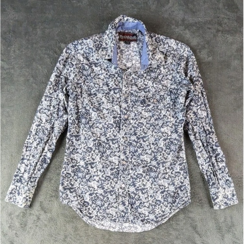 Rock-N-Roll Cowboy Mens Western Pearl Snap Large Blue Paisley‎  2 Pocket - Picture 2 of 10